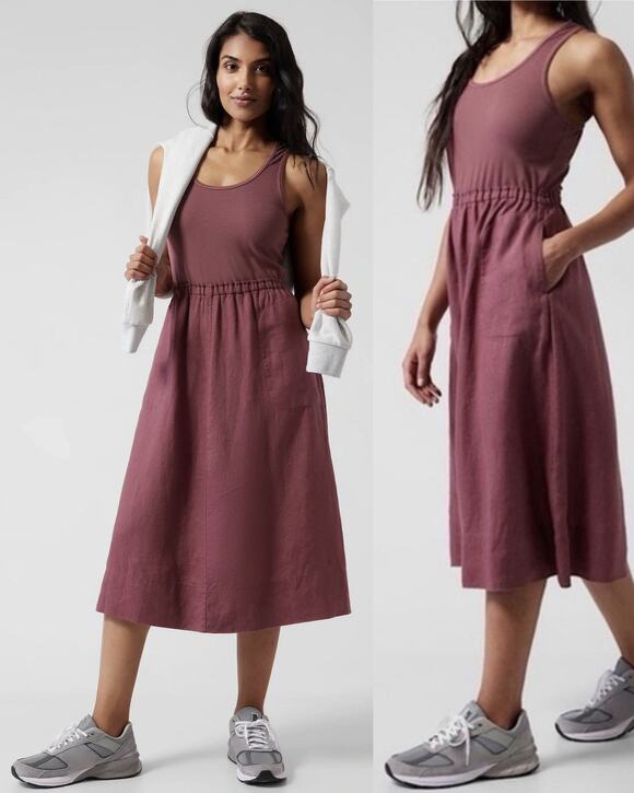 Athleta Dresses & Skirts - Athleta Dress Womens Extra Small Baja Midi Burgundy Linen Racerback Tank Pockets